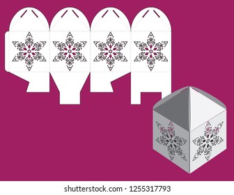 Vector winter Christmas or New Year gift or candy cube box template  with snowflake. Templates for laser or plotter cutting.
