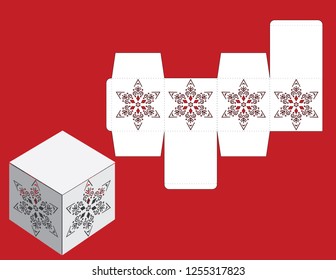 Vector winter Christmas or New Year gift or candy cube box template  with snowflake. Templates for laser or plotter cutting.
