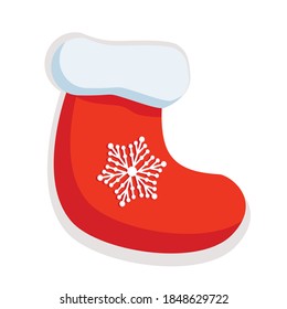 Vector winter christmas and new year red sock with snowflake for gifts. Illustration for a postcard, poster, banner, cover, flyer, calendar. Symbol, sign and sticker concept.