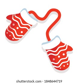 Vector winter Christmas and New Year red mittens. Illustration for postcard, poster, banner, cover, flyer, calendar. Symbol, sign and ticker concept. Red gloves with a white pattern. Winter vacation