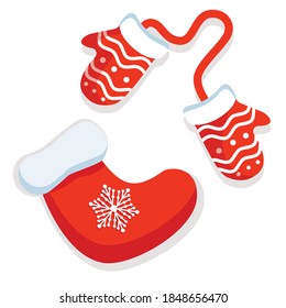 Vector winter Christmas and New Year red mittens and sock for gifts. Illustration for postcard, poster, banner, cover, flyer, calendar. Symbol, sign and sticker concept.