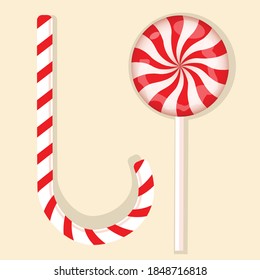 Vector winter Christmas and New Year striped red lollipops with mint in the shape of a cane and a circle. Illustration for the winter holiday. Symbol, sign and sticker concept. Cartoon style isolated