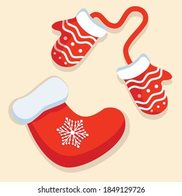 Vector winter Christmas and New Year red mittens and sock for gifts. Illustration for postcard, poster, banner, cover, flyer, calendar. Symbol, sign and sticker concept.