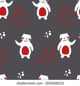 Vector. Winter Christmas and New Year seamless patterns. Abstract scandinavian Christmas tree and polar bear. Children's drawing, sketch. Drawing of animals and elements of the forest in doodle style.