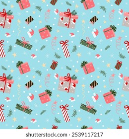 Inverno vetor, Natal e Ano Novo padrão sem costura com presentes ou caixas de presente, decorações, galhos de abeto, chapéu de Papai Noel, arcos. Contexto abstrato da celebração sazonal.