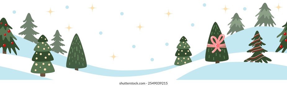 Vector winter, Christmas, New Year season landscape. Long panoramic background or banner with decorated spruce, fir or noel tree, stars and snow.