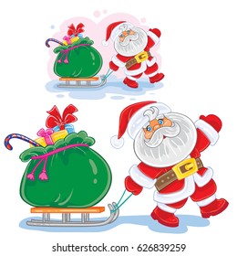 Vector winter Christmas, New Year illustration Santa Claus pulls a sleigh with a bag of gifts. Print, template for greeting cards, postage stamps