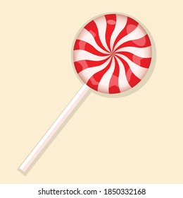 Vector winter Christmas and New Years striped red lollipop with mint in the shape of a circle. Illustration for the winter holiday. Symbol, sign and sticker concept. Cartoon style isolated