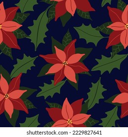 Vector invierno flor roja de Navidad, hojas de mistletoe y ramas sin fisuras. Poinsettia pintada a mano. Papel pintado prefabricado de frutas tibias y tibias, papel de envoltura, textura de fondo