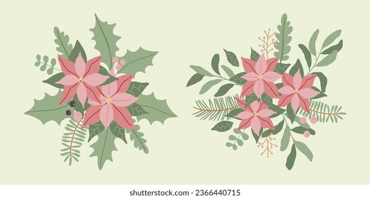 Vektorwinters Weihnachtsblume, Blätter und Beeren Illustration. Handgemalte Poinsettia. Gemütlicher, süßer, vorgefertigter Plakatsatz