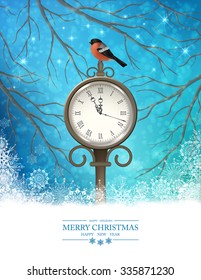 Vector Winter Christmas Scene Background. Xmas landscape with tree branches, vintage outdoor clock, bird bullfinch in the evening