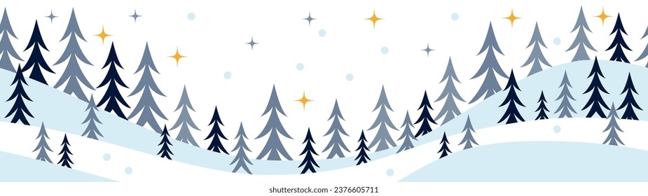 Vector winter, Christmas season landscape. Long background or banner with spruce, fir or noel tree, stars and sno