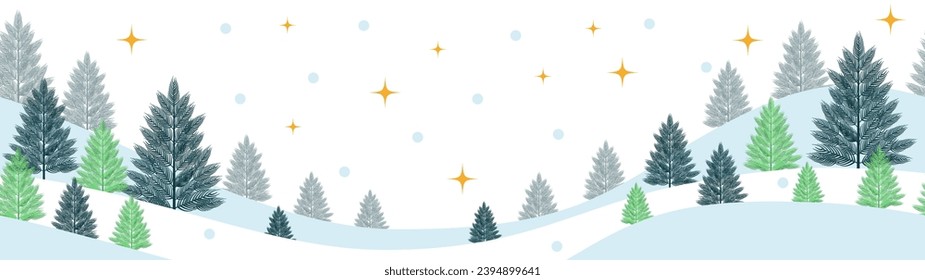 Vector winter, Christmas season landscape. Long background or banner with spruce, fir or noel tree, stars and snow
