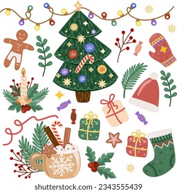 Winterweihnachtsfest im Vektorbereich. Neues Jahr, Weihnachtselemente, Baum, Geschenke, Socken, Weihnachtsmütze, heißes Getränk.