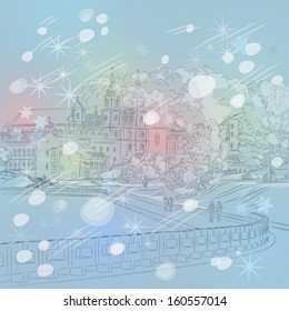 Vector winter Christmas sketch of a old town, cityscape with church and river, Trinity Suburb, Minsk, Belarus