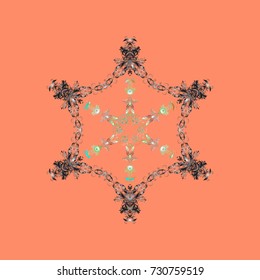 Vector. Winter christmas snow flat crystal element. Xmas frost snow flake isolated silhouette symbol. Weather illustration ice collection. Snowflake vector icon background orange, gray, neutral color.