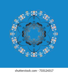 Vector. Winter christmas snow flat crystal element. Xmas frost snow flake isolated silhouette symbol. Weather illustration ice collection. Snowflake vector icon background blue, gray and orange color.