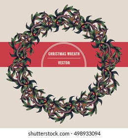 Vector Winter Christmas Wreath. Floral frame. Round border with branches and leaves.Vector illustration.