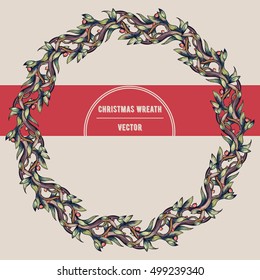 Vector Winter Christmas Wreath. Floral frame. Round border with snow branches and leaves.Vector illustration.