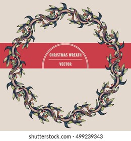 Vector Winter Christmas Wreath. Floral frame. Round border with snow branches and leaves.Vector illustration.