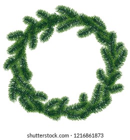 Vector winter circle frame with coniferous tree branches with needle leaves on white background.