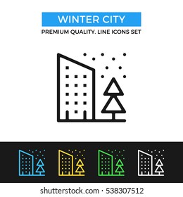 Vector winter city icon. House, pine, falling snow concept. Premium quality graphic design. Modern signs, outline symbols, simple thin line icons set for websites, web design, mobile app, infographics