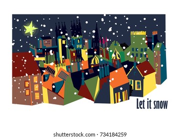 vector winter city illustration. let it snow christmas xmas card. edinburgh in snow. starry night.