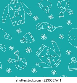Vector winter clothes pattern. New Year's decor. Christmas set. Doodle style icons. Sweater, hat, mittens, sock and scarf. Vector illustration. Isolated white background.