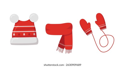 Vector winter clothes set. Cartoon knitted scarf, hat, mittens, gloves isolated on white background. Seasonal winter traditional accessories collection.