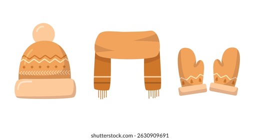 Vector winter clothes set. Cartoon knitted scarf, hat, mittens, gloves isolated on white background. Seasonal winter traditional accessories collection.