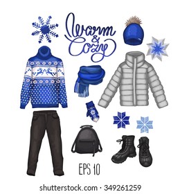 Vector winter clothes. Sweater with deers, backpack, hat, footwear, snowflakes, down jacket, scarf and mittens isolated on white background.