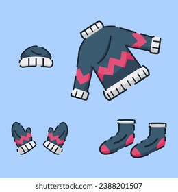colección vectorial de prendas de vestir de invierno, calcetines, beanie, suéter, guantes
