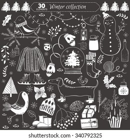 Vector winter collection on black background. 30 doodles elements for greeting cards, postcards, banners, wallpapers. Design set for winter holidays decoration. Winter template.