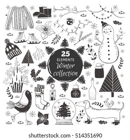 Vector winter collection on white background. 25 doodles elements for christmas greeting cards, postcards, banners, wrapper paper. Design set for winter holidays decoration.