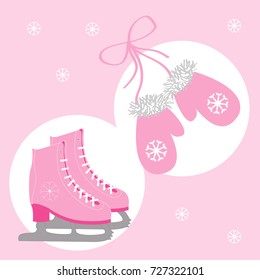 Vector winter collection: skates and mittens in pink color