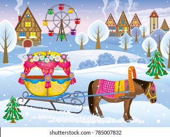 Vector winter colorful  landscape of the Park with the pony harnessed to the decorative sleigh