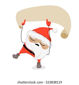 Vector winter comical character. Drunk Santa Claus is holding blank ribbon, singing and dancing.