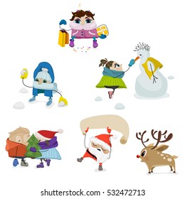 Vector winter comical characters. A boy plays snowballs. Boy and girl are kissing. Woman go christmas shopping. A girl and snowman. Drunk Santa Claus. Surprise young deer