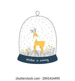 Vector winter composition with a deer, branches and snow under a glass flask.