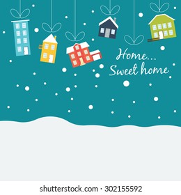 Vector winter concept in flat style.Cute winter houses, covered with snow, hanging on a thread, like Christmas balls. Christmas sales 