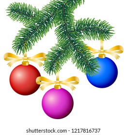 Vector winter coniferous tree branch decorated with colorful christmas ornaments on white background.