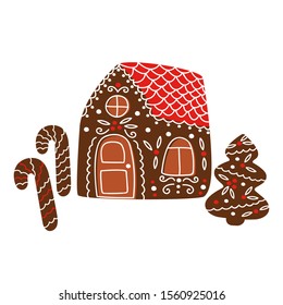 Vector winter cookies, painted and decorated gingerbread house, christmas tree, sweet cane. Perfect for new year design. Gift idea.  Holiday mood.