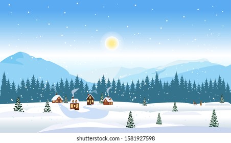 Vector of a winter countryside landscape with pines and houses