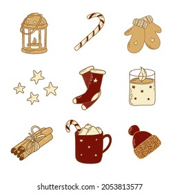 Acogedora colección de invierno vectorial. Elementos aislados: linterna, caramelos, mitones, estrellas, medias, vela, canela, taza, cabaña. Papel de pared, textil, decoración 