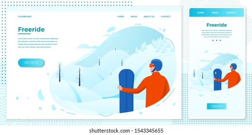 Vector winter cross platform illustration set - freeride man with snowboard.
Modern bright banner, site template with place for your text