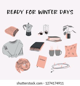 Vector winter days at home illustration. Flat sketch with blanket, plant, books, garland and other cozy home essentials. Sweater weather aestetic decoration