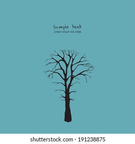 Vector winter or dead tree silhouette on blue, place for text