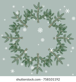 Vector winter decoration. Crown of pine branches and snowflakes.