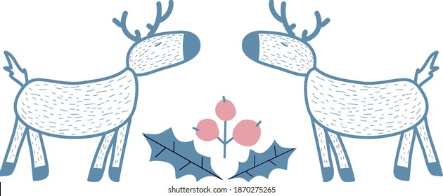 Vektorwinterhirsche, blaue und rosafarbene Illustration