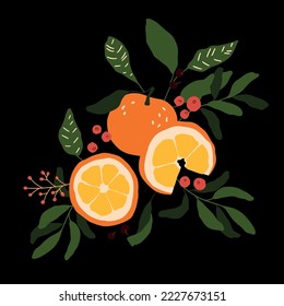 Vector invierno deliciosas naranjas, hojas y rodajas ilustraciones. Frutas naranjas pintadas a mano. Composición de afiches de frutas planas y tiernas